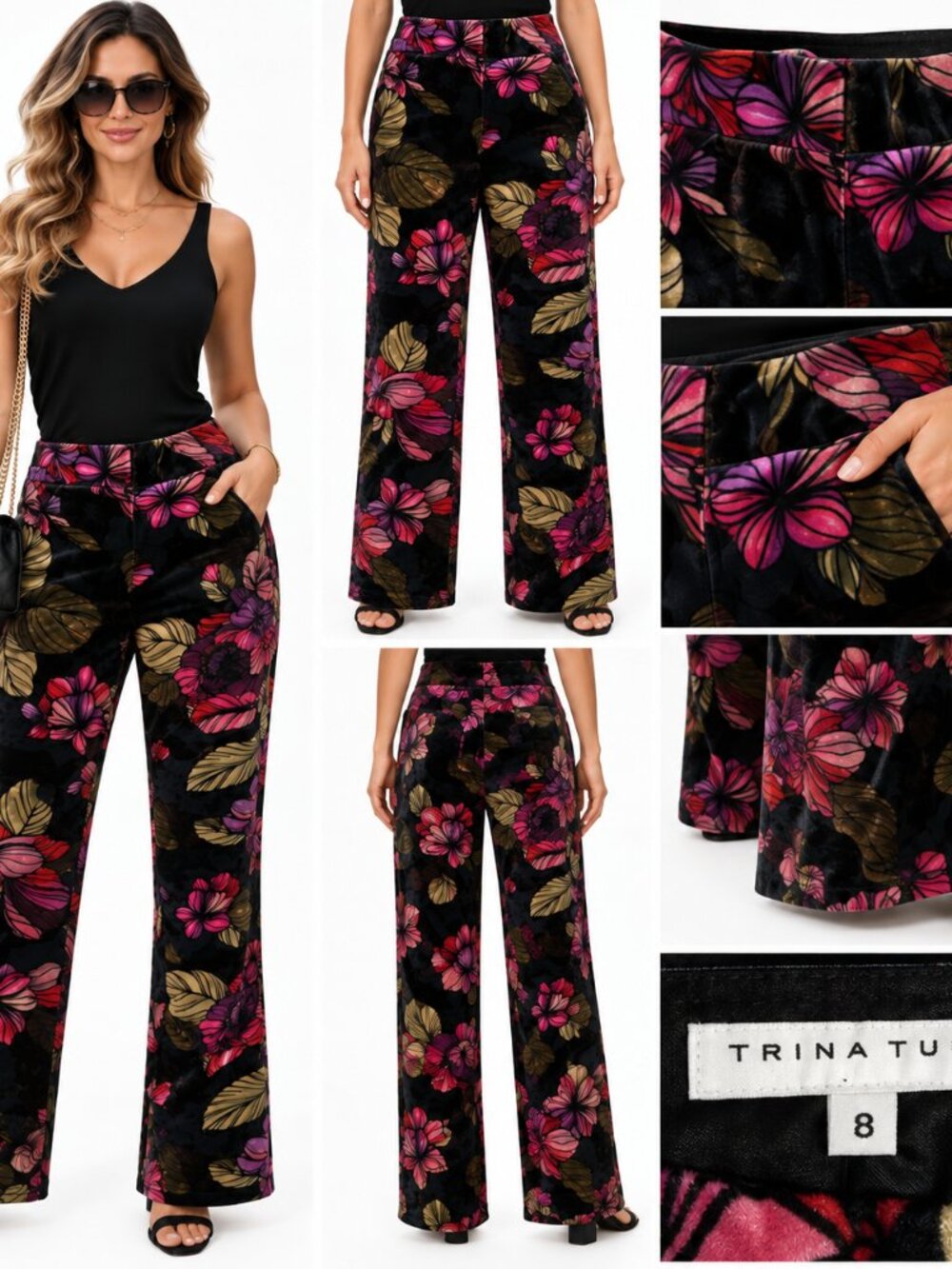 Trina Turk Women Floral Velour Wide Leg Pants Size 8 Retro Glam Statement Velvet